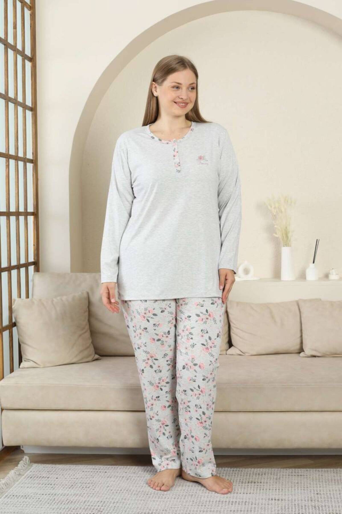 ALİMER-Plus Size Pajamas Set - Gray Flower Pattern Long Sleeve Lycra Viscose 2875Uyb 4