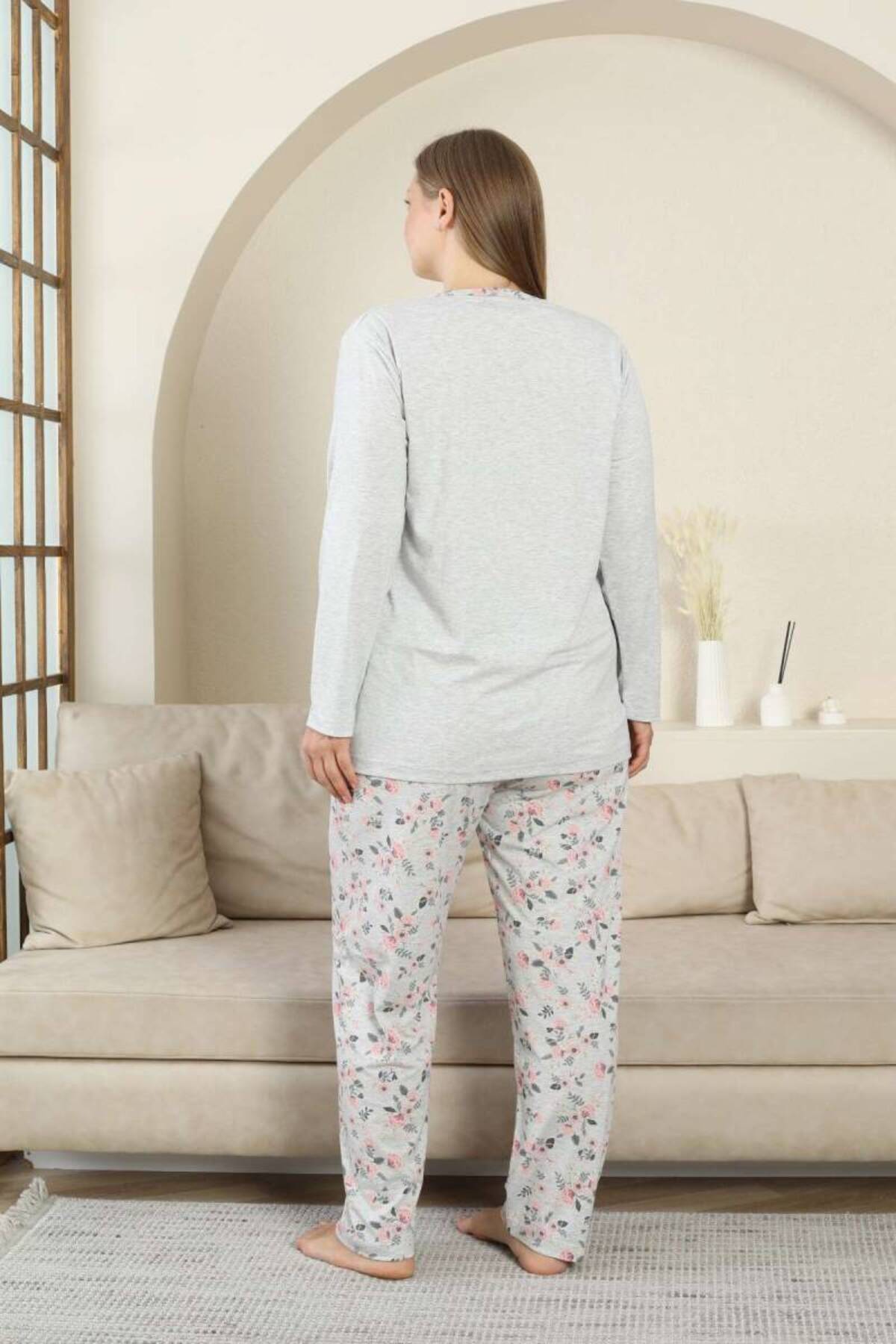 ALİMER-Plus Size Pajamas Set - Gray Flower Pattern Long Sleeve Lycra Viscose 2875Uyb 5