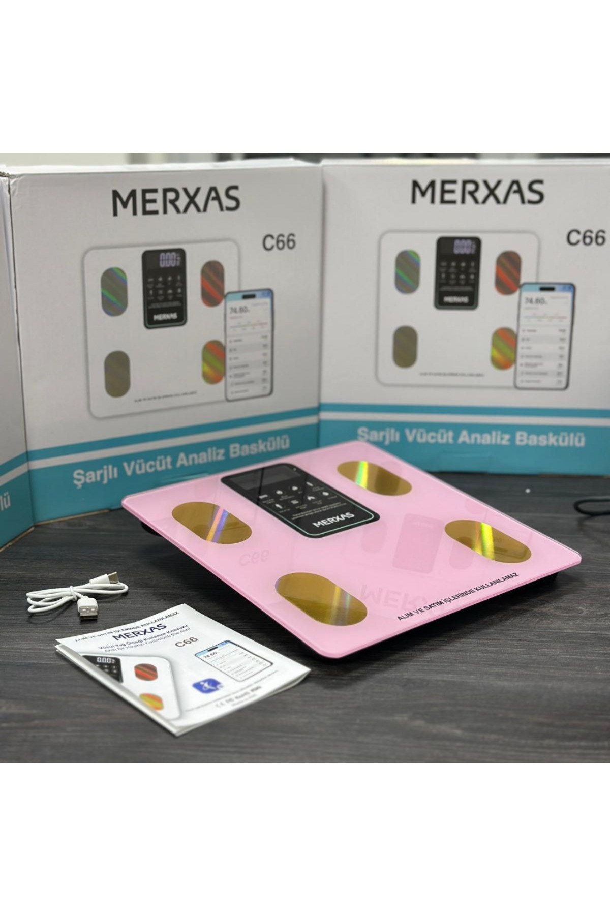 Merxas C66 Şarjlı Ekranlı Vücut Yağ Ölçekli Banyo Baskülü Akıllı Bluetooth Şarjlı Tartı Mobil Uygulamalı