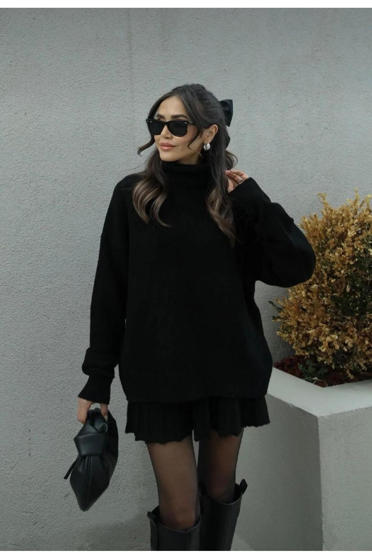 DGN'S ENSEMBLE JUPE PLISSÉE À 2 VOLANTS ET PULL À COL ROULÉ FEMME TRICOT - Görsel 3