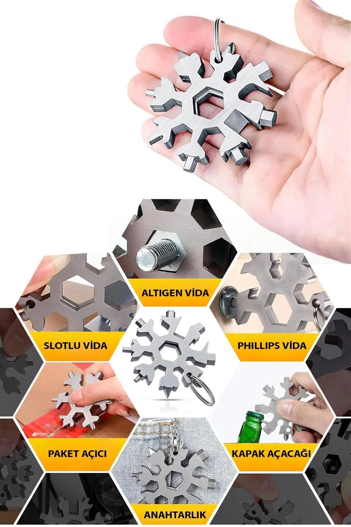 jetfast-Multipurpose Metal Snowflake Screwdriver Set Portable Practical Allen Kit 19 in 1 Keychain Opener 8