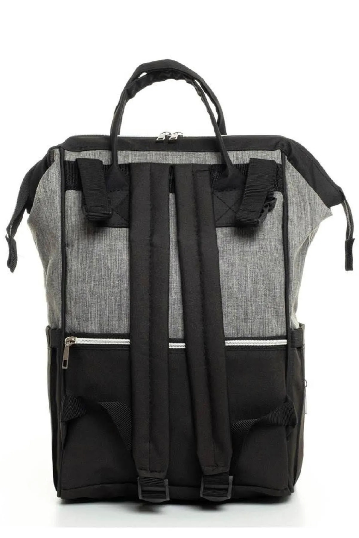 Yerli Anne Bebek Bakım Sırt Çantası Biberon Termoslu Sıvı Geçirmez Puset Askı Aparatlı Siyah Gri Çizgili fotoğrafı 4 (önizleme)