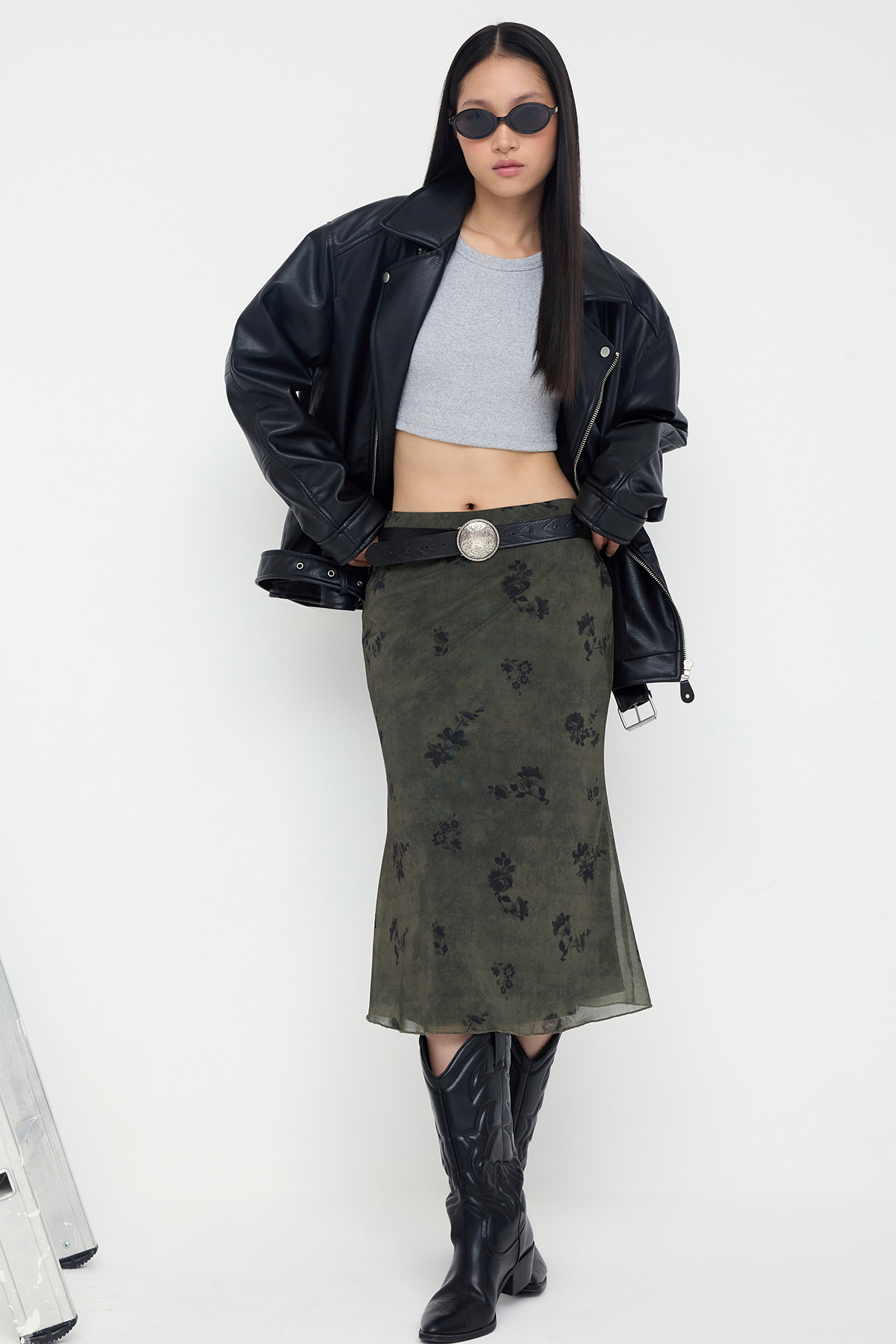 Trendyolmilla  Haki Çiçek Baskılı Bodycon Tül Esnek Örme Etek TWOAW26ET00036 - Görsel 6