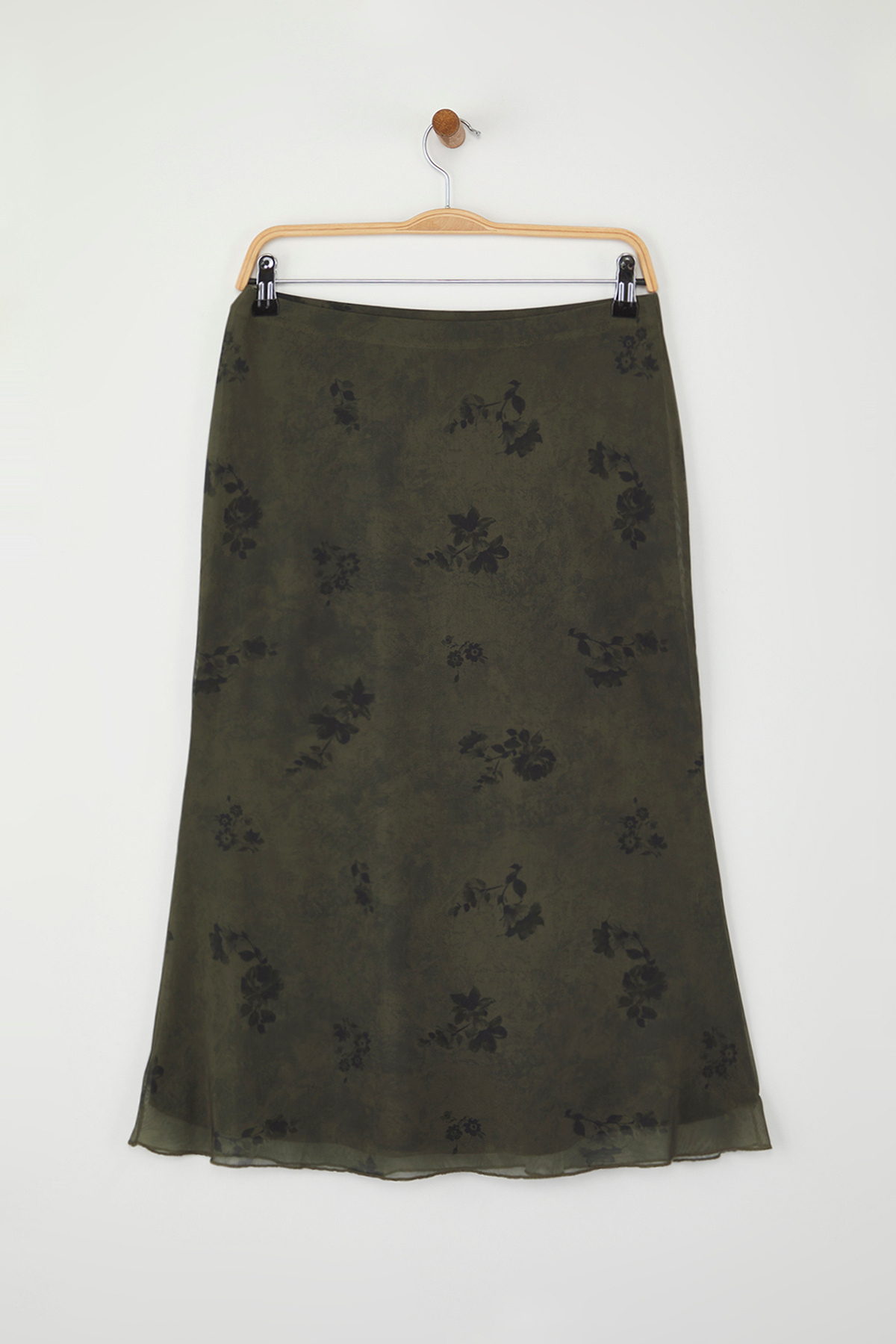 Trendyolmilla  Haki Çiçek Baskılı Bodycon Tül Esnek Örme Etek TWOAW26ET00036 - Görsel 10