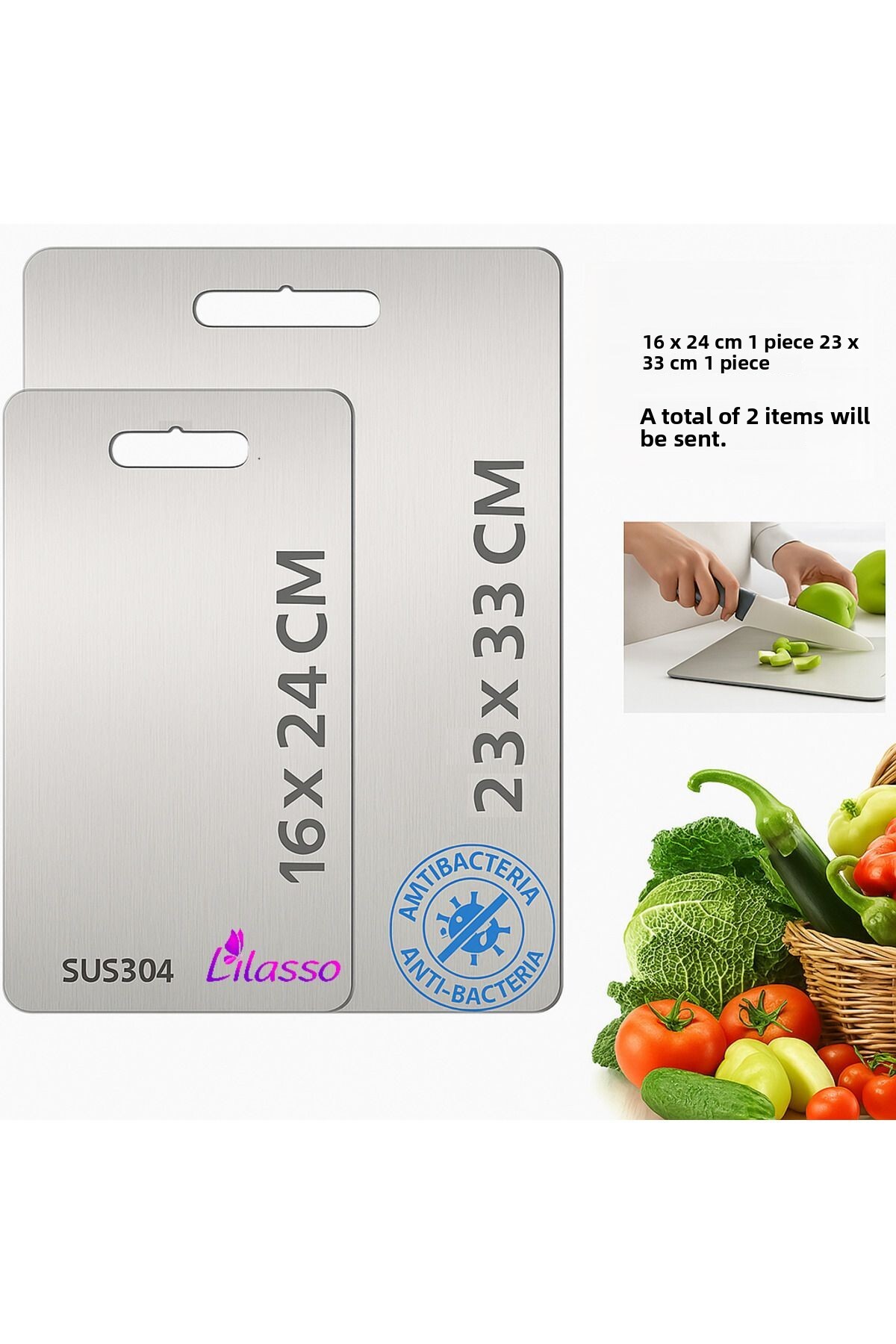 Lilasso 2 Stainless Steel Cutting Boards (Antibacterial)