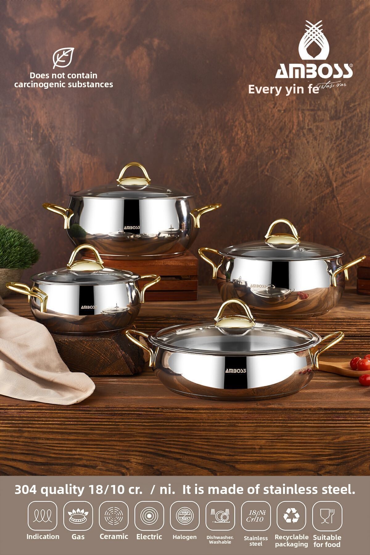 Amboss Stone Gold 8 Piece Stainless Steel, Induction Base Cookware Set