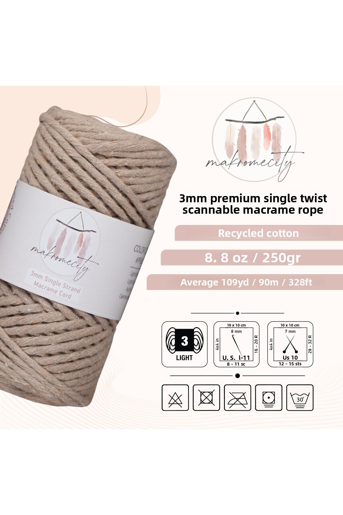 Makromecity-Taranan Macrame Σχοινί 3mm Βαμβακερό Μακραμέ Σχοινί Μακραμέ Σχοινί Μακραμέ Σκούρο Μπεζ 2