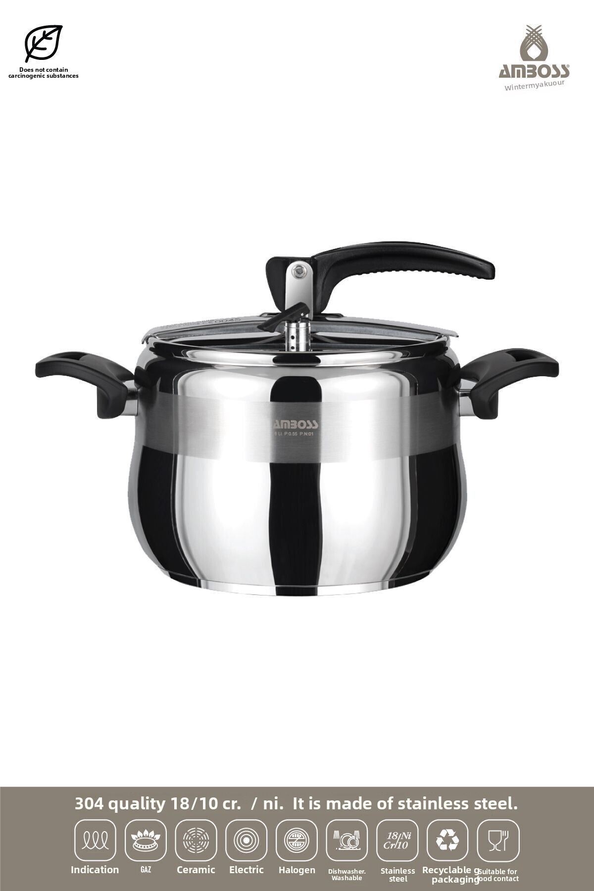 Amboss-Amber Classic Stainless Steel Pressure Cooker - Black Handle - 4lt 2