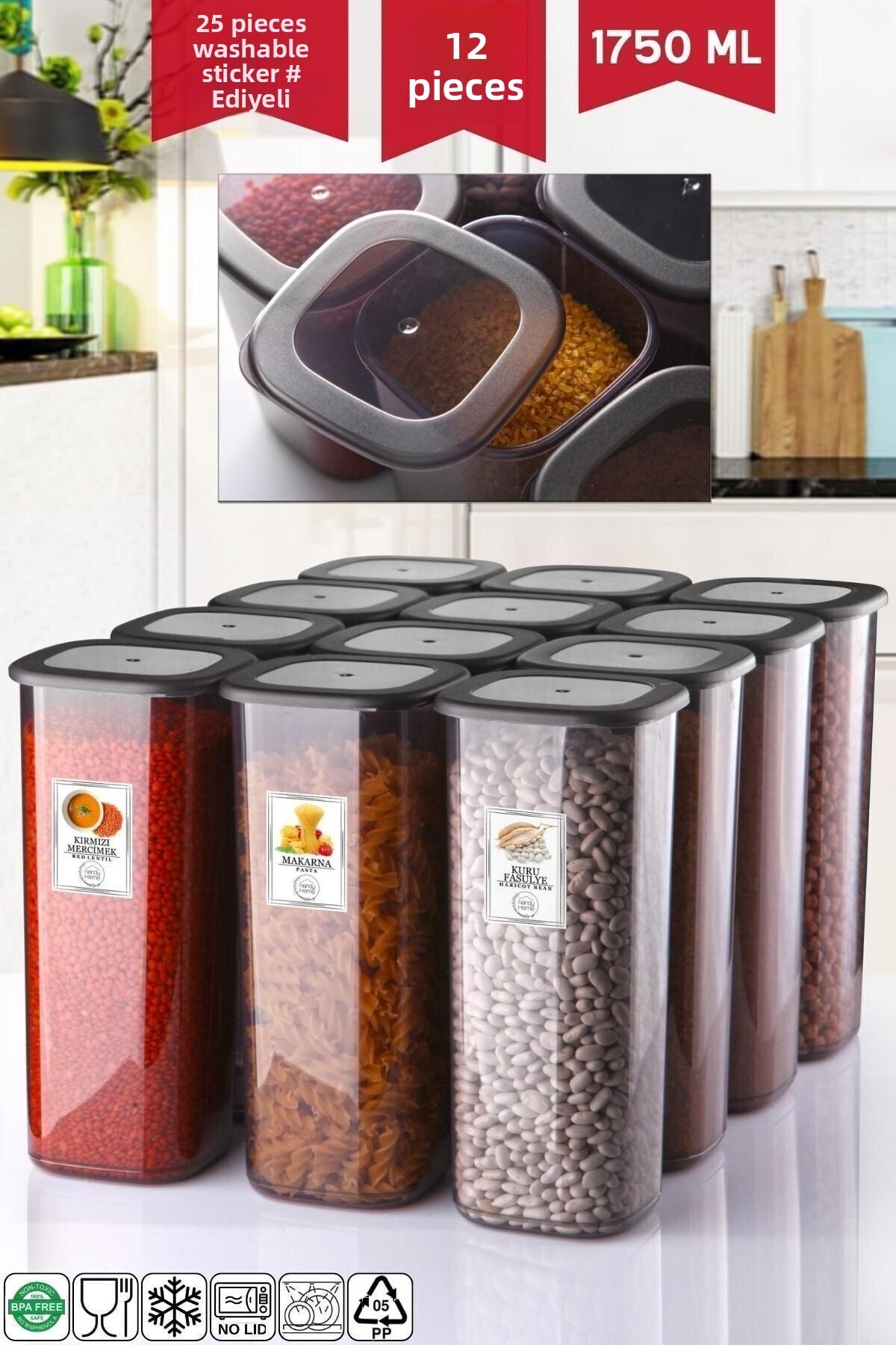 Nandy Home 12 Τεμάχια 1750 Ml Οικονομικό άθραυστο δοχείο αποθήκευσης ανθρακί με ετικέτα