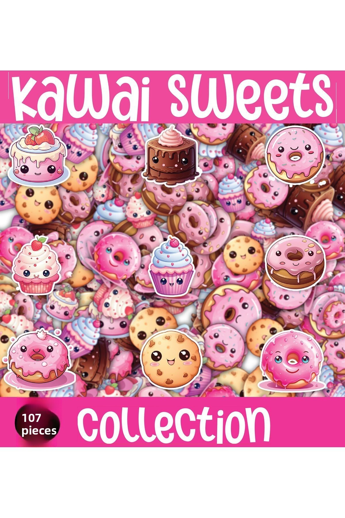ca kay bu Kawaii Sweets Themed 2 Sheets A4 107 Pieces Sticker Set