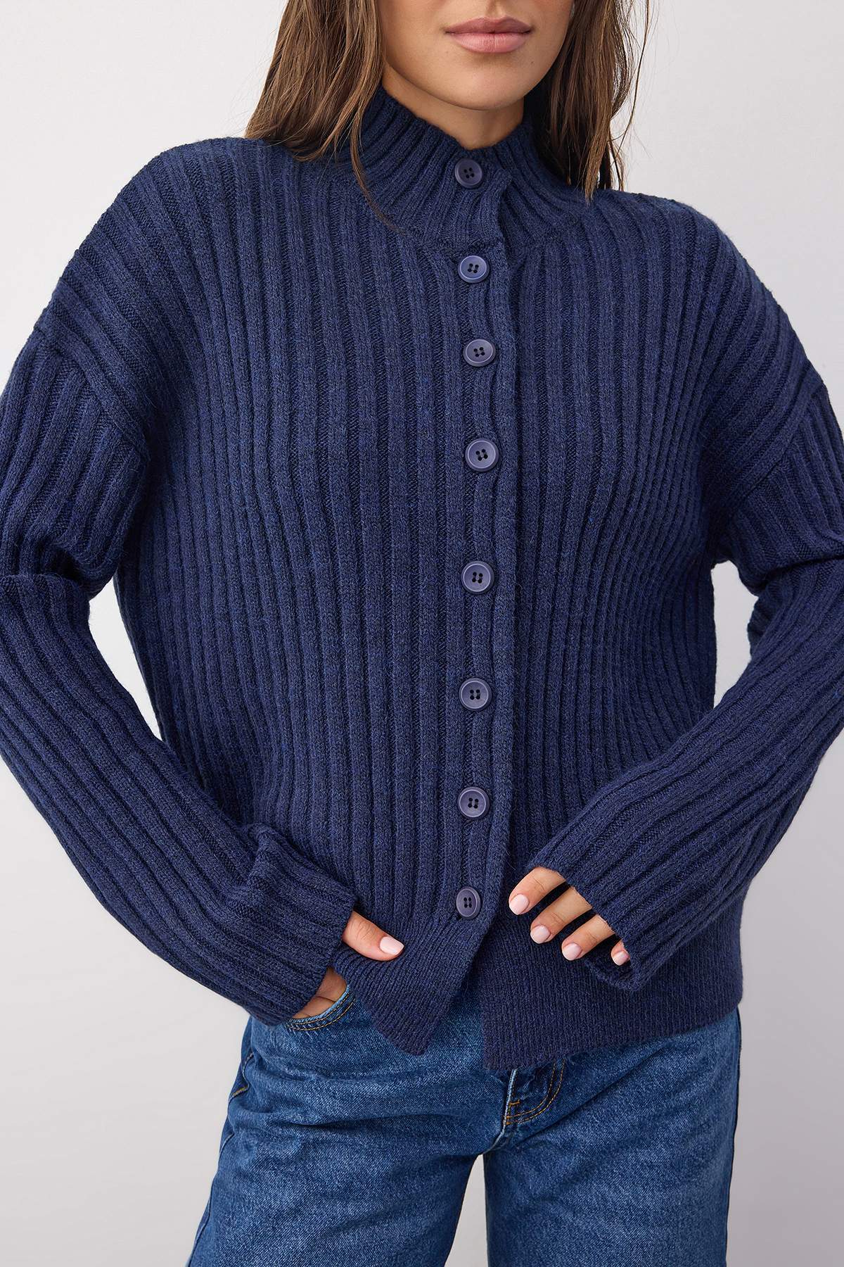 Trendyolmilla  Wardrobe Essentials Lacivert Geniş Kalıp Fitilli Yumuşak Dokulu Triko Hırka | TWOAW26HI00091 - Görsel 3