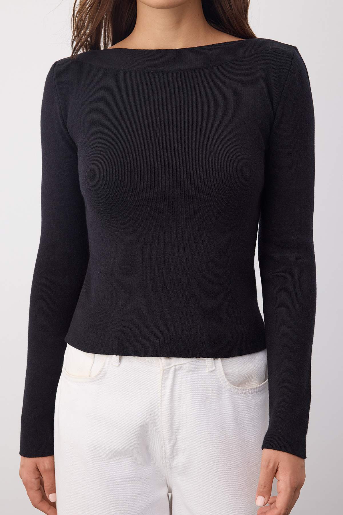 Trendyolmilla  Wardrobe Essentials Siyah Premium İplik/Özel İplikli Kayık Yaka Triko Kazak | TWOAW26KZ00100 - Görsel 3