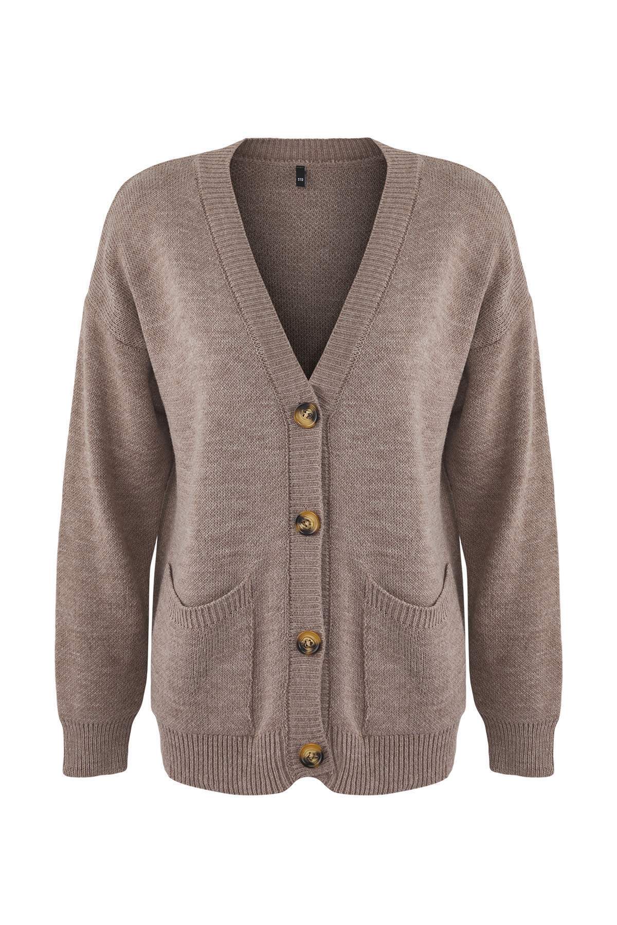 Trendyolmilla  Vizon Geniş Kalıp Basic Triko Hırka TWOAW26HI00205 - Görsel 5