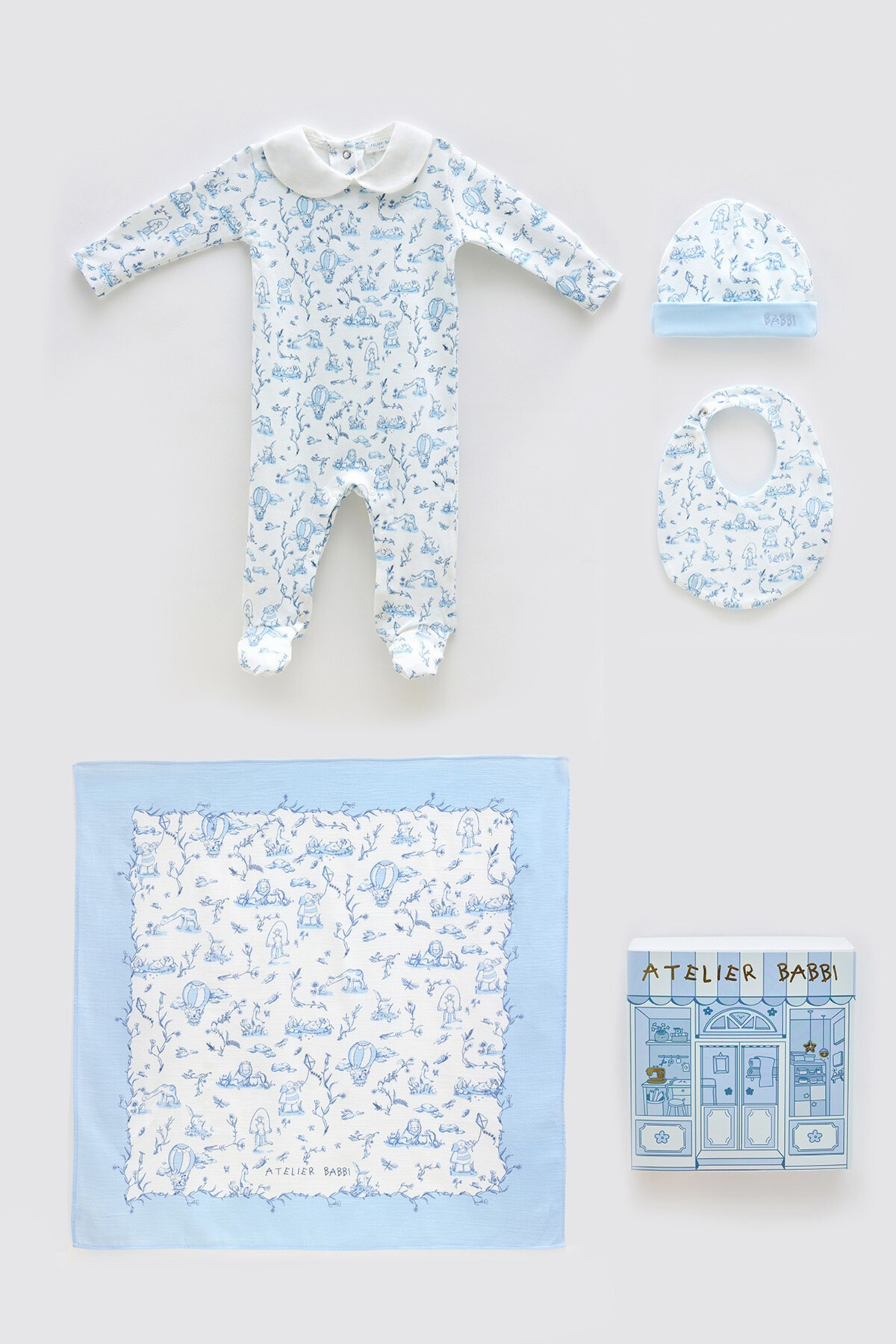 Atelier Babbi 100% Cotton 4-Piece Newborn Set - Toile De Jouy / Blue
