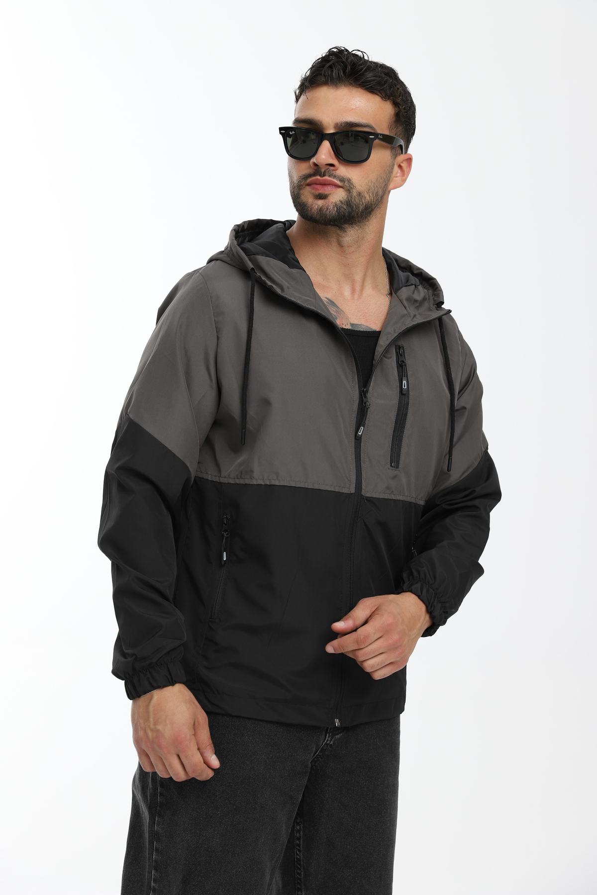 D1fference  Erkek Antrasit -siyah Iki Renk Astarlı Rüzgar Geçirmez Kapüşonlu Mevsimlik Spor Mont - Görsel 6