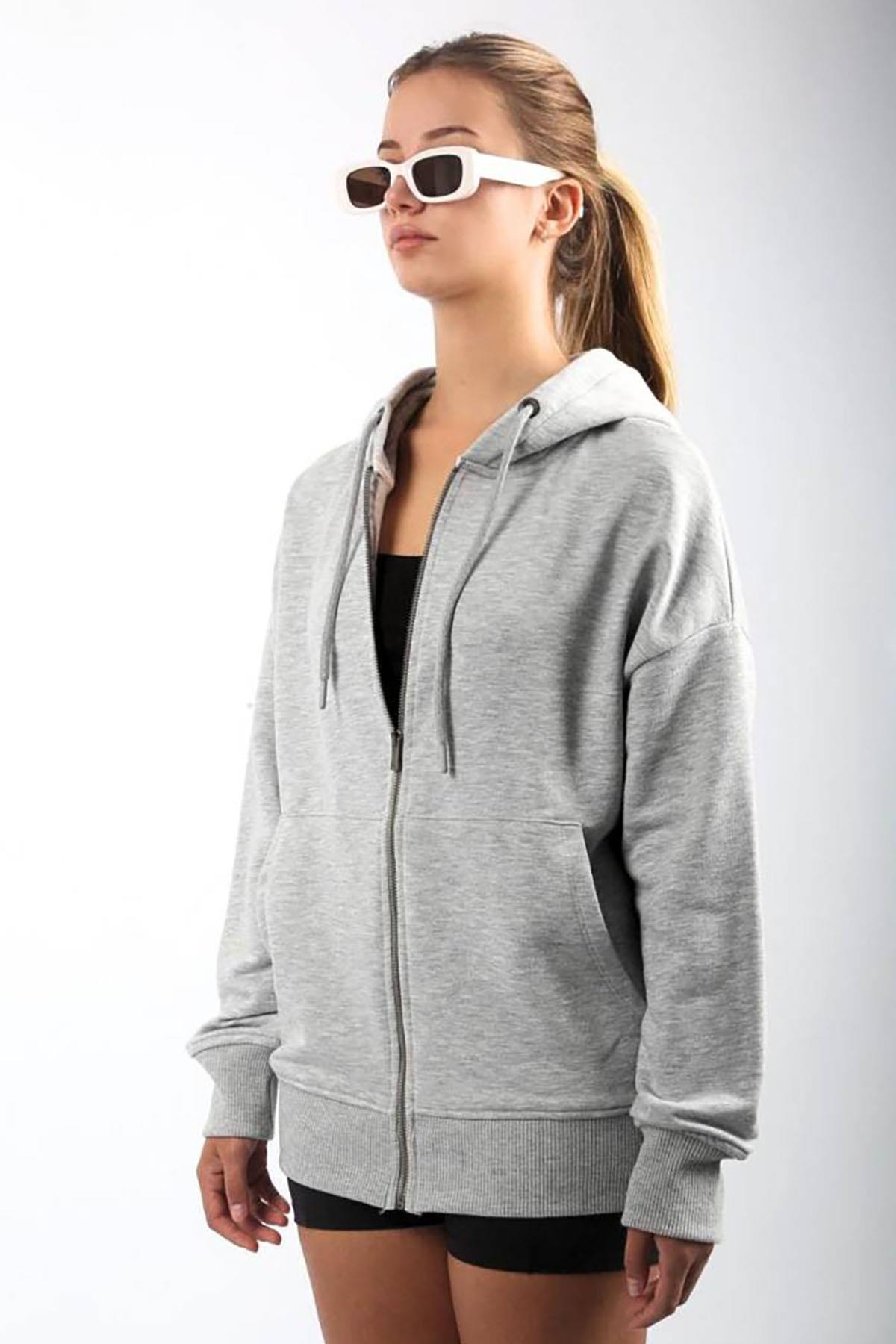 Seeh Gri Fermuarlı Kapüşonlu Sweatshirt SH113 görsel 3