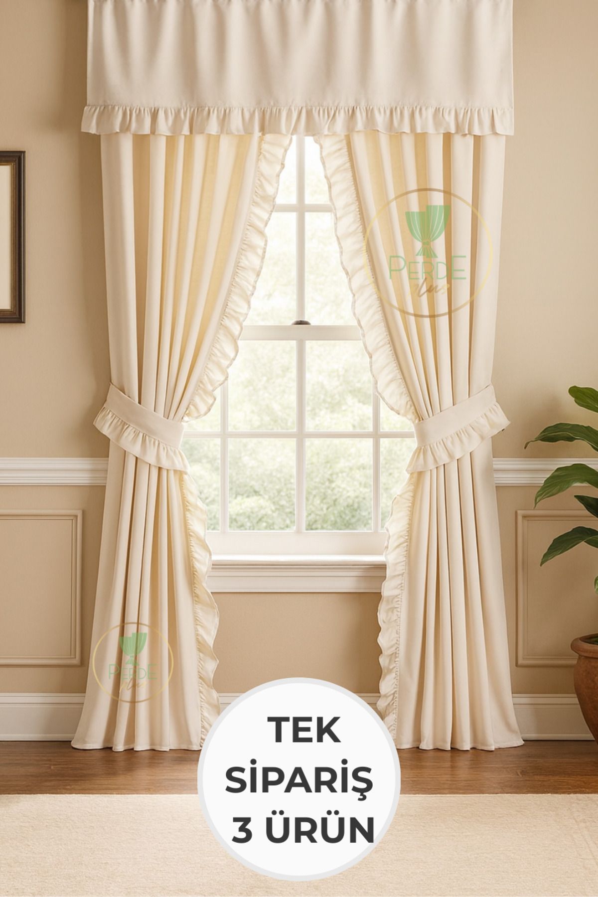Perdeplus-Ruffled Linen Curtain Set – Set of 3, Rustic & Cornice Compatible 1