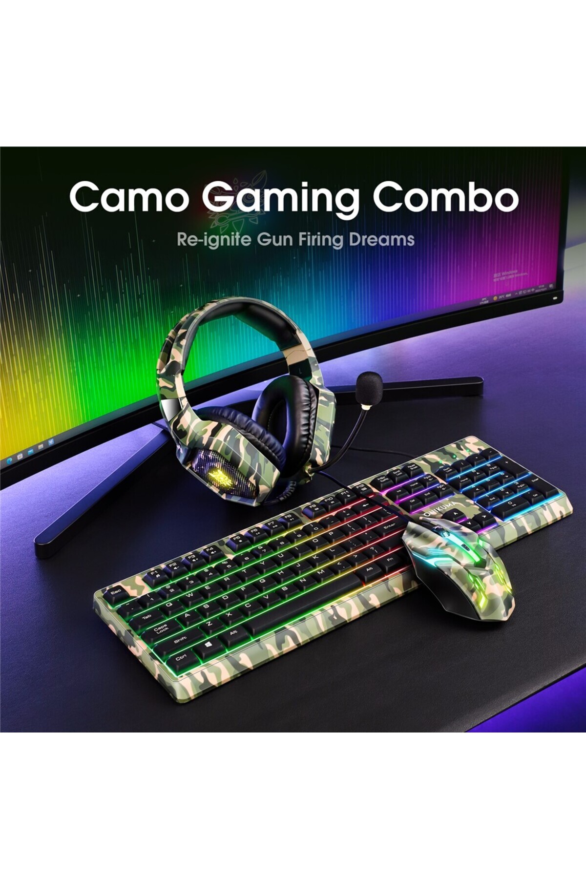 Onikuma-K 8 3-in-1 Gaming Combo Set with Wired Headset, 7-Color Light Mouse, 104-Keys Cool Keyboard 4