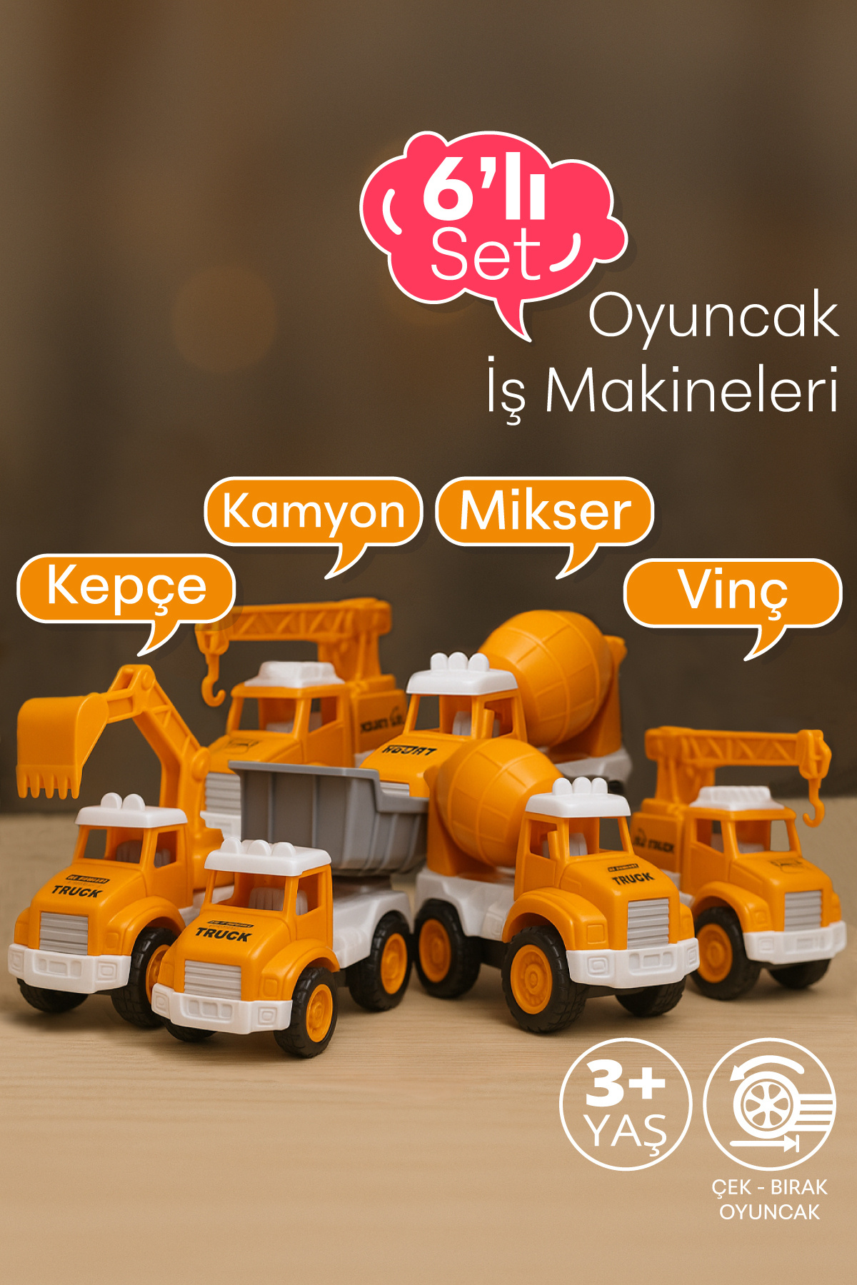 SmartFox Oyuncak İş Makineleri Seti - Çek Bırak Özellikli 6 adet Oyuncak İş Makinası