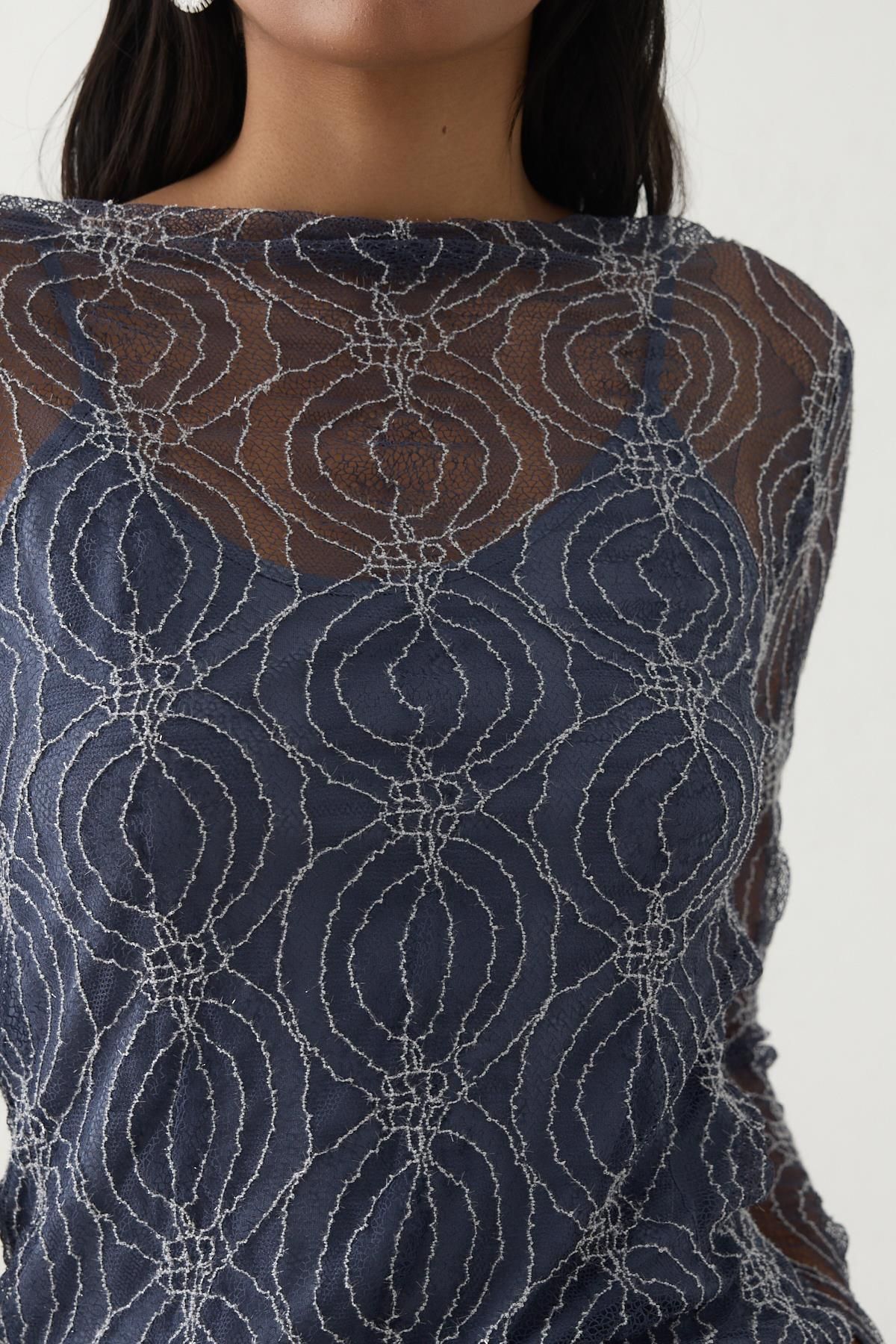 Setre-Indigo Lace Slim Fit Transparent Inner Lining Detailed Patterned Long Sleeve Blouse 6