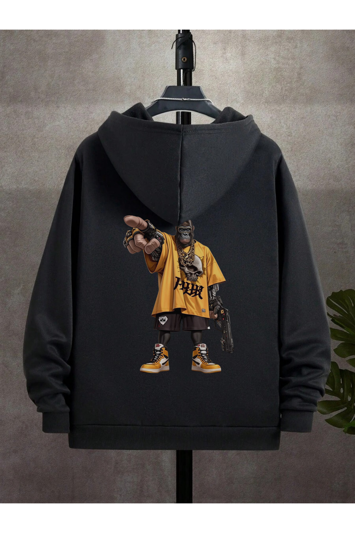 Men's Black Hooded Zippered Oversize Sweatshirt Winter School Cardigan Raised Printed