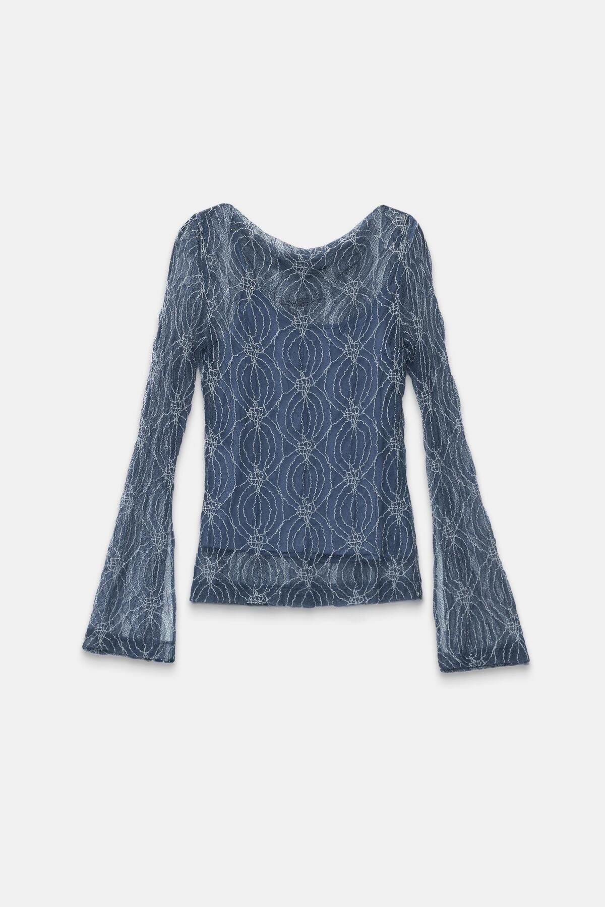 Setre-Indigo Lace Slim Fit Transparent Inner Lining Detailed Patterned Long Sleeve Blouse 4
