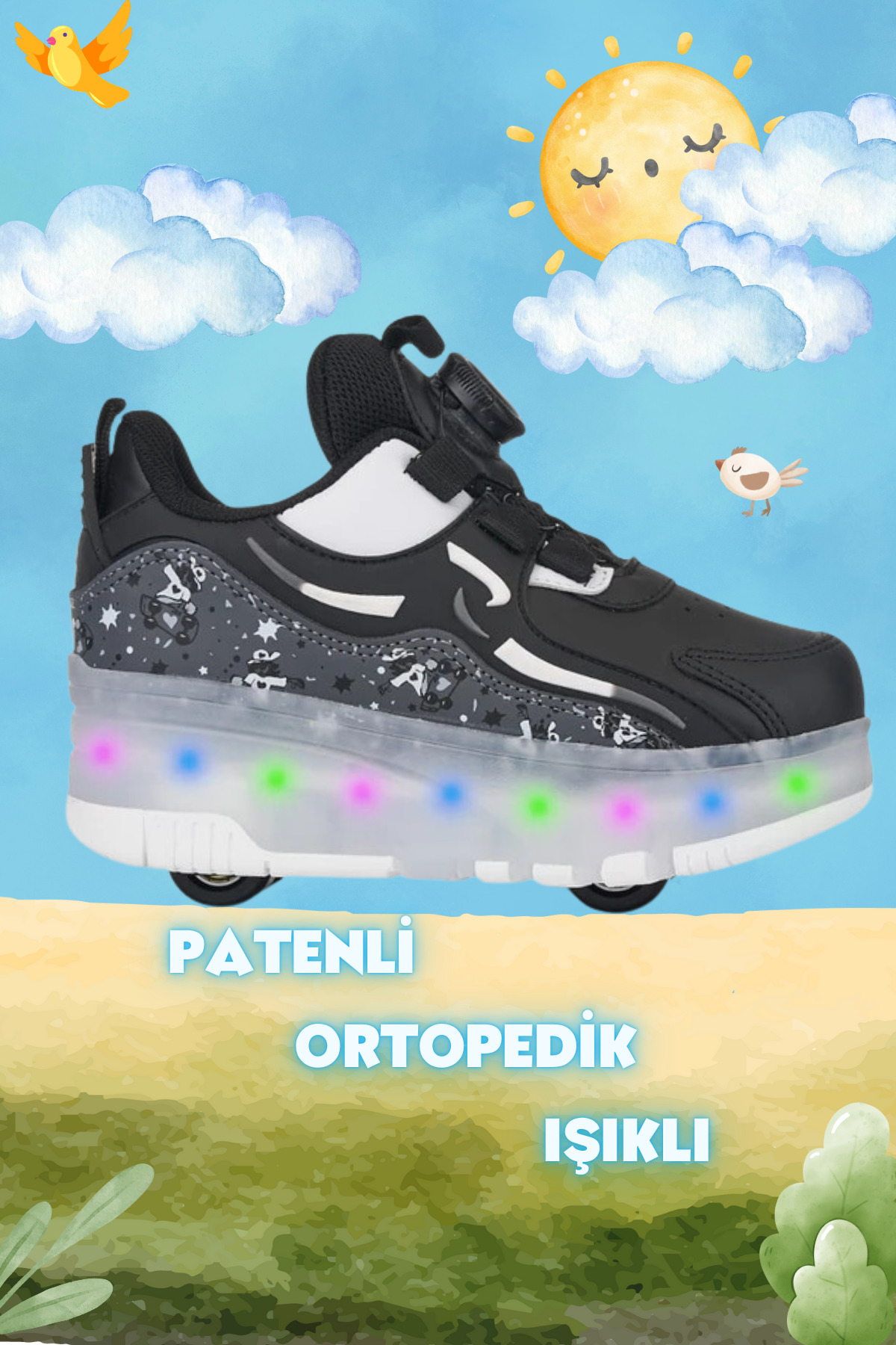 Resim ROCKY SPORT Nils Erkek Çocuk Patenli, Işıklı Rahat Siyah Spor Ayakkabı&Sneaker | Yeni Tarz Patenli Ayakkabı 