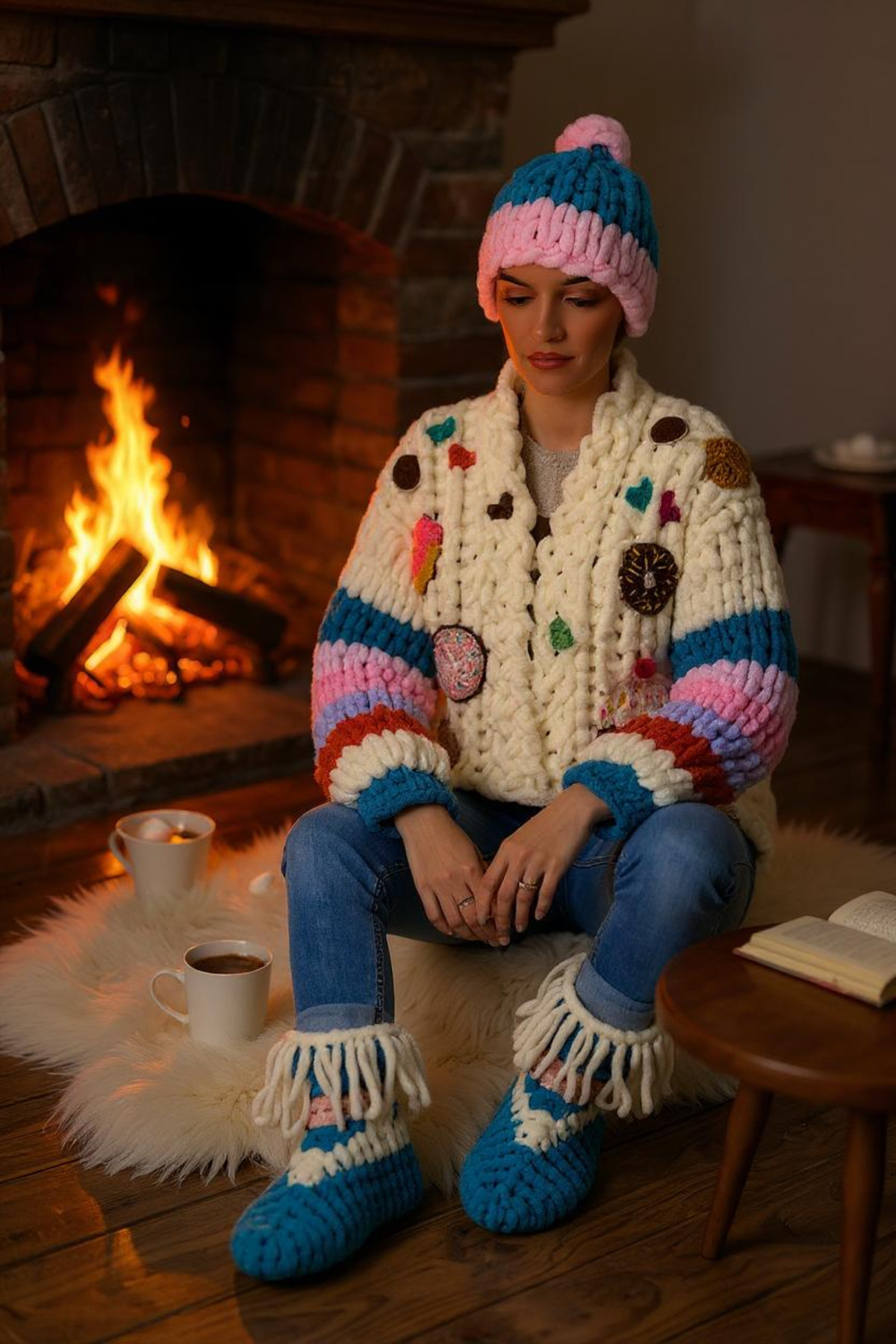 Zuviel Deco Handmade Kadife Örgü Panduf, Ev Botu