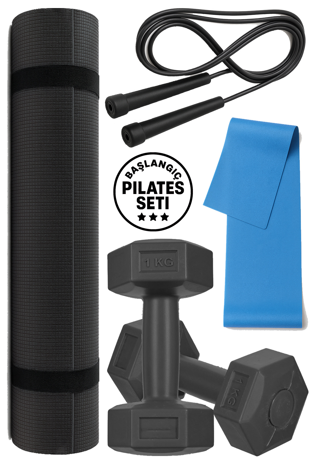 Tosima Pilates & Fitness Seti – 6mm Pilates Minderi, Atlama İpi, 2x1 Kg Dambıl, Pilates Lastiği