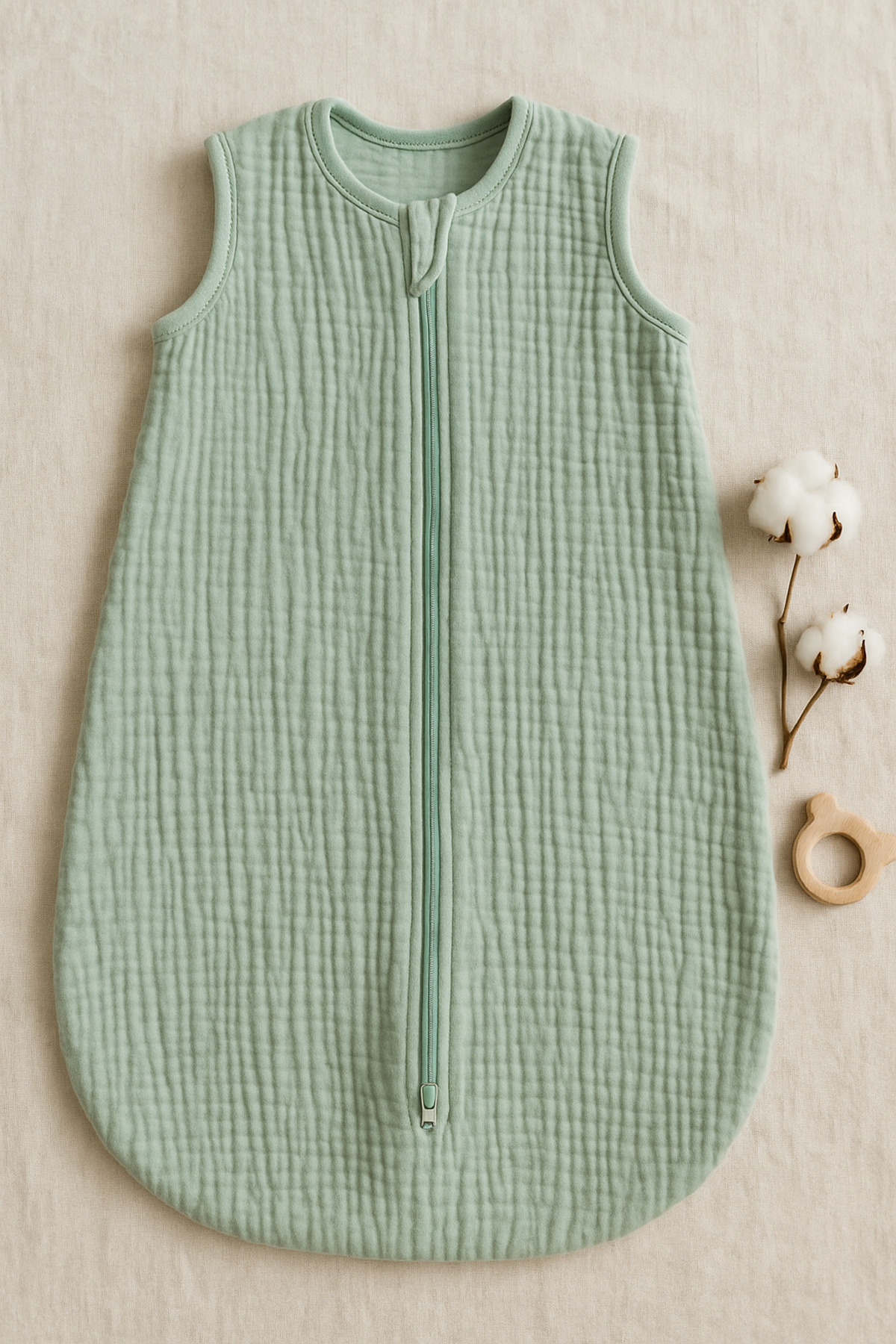 TEGA %100 Pamuk Yenidoğan Bebek Yazlık Muslin Kundak Tulum ve Uyku Tulumu – Mint Yeşili, Çift Fermuar fotoğrafı 2 (önizleme)