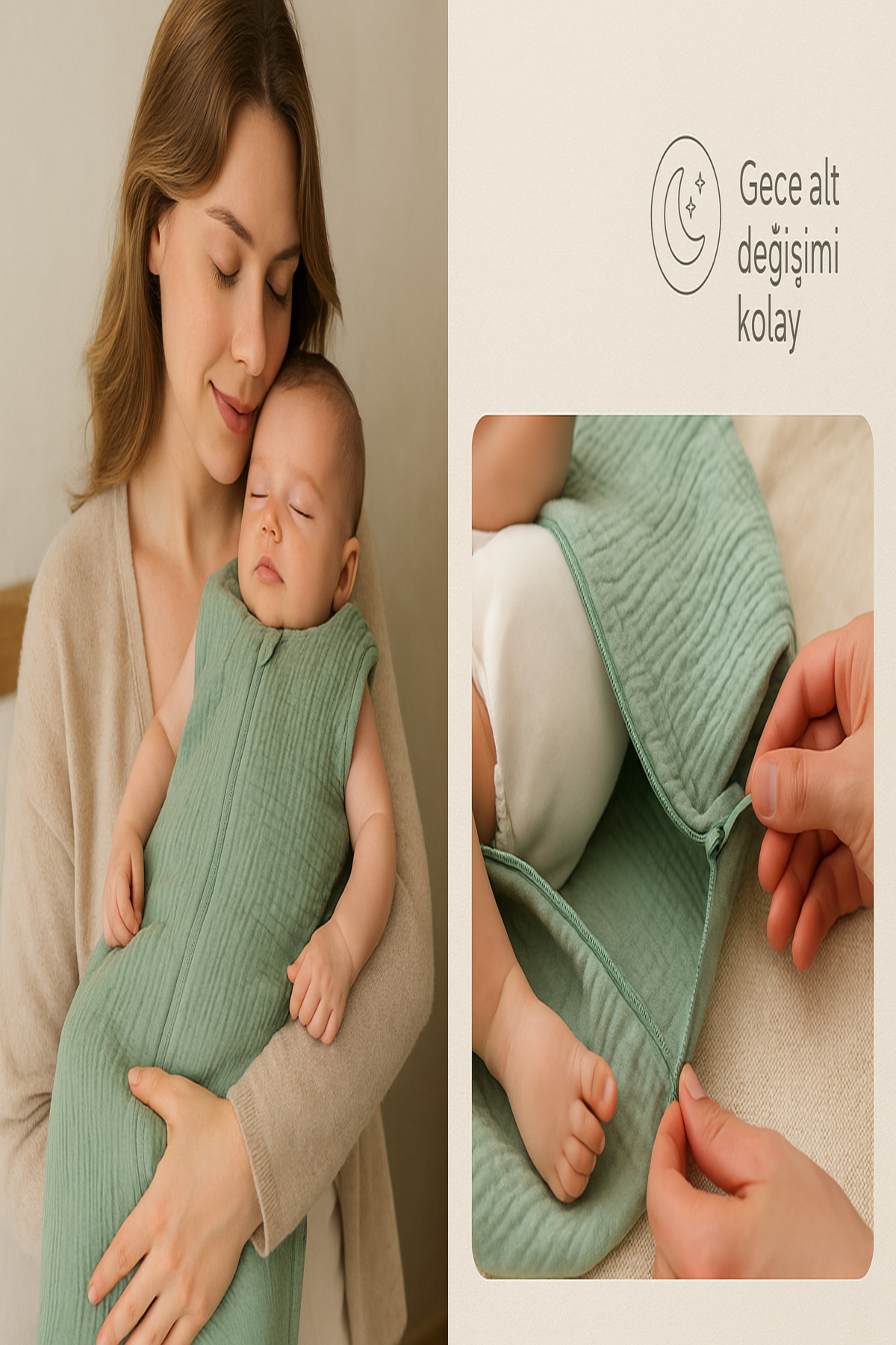 TEGA %100 Pamuk Yenidoğan Bebek Yazlık Muslin Kundak Tulum ve Uyku Tulumu – Mint Yeşili, Çift Fermuar fotoğrafı 5 (önizleme)