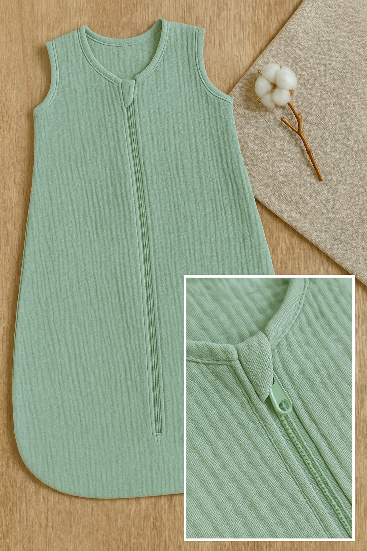 TEGA %100 Pamuk Yenidoğan Bebek Yazlık Muslin Kundak Tulum ve Uyku Tulumu – Mint Yeşili, Çift Fermuar fotoğrafı 3 (önizleme)