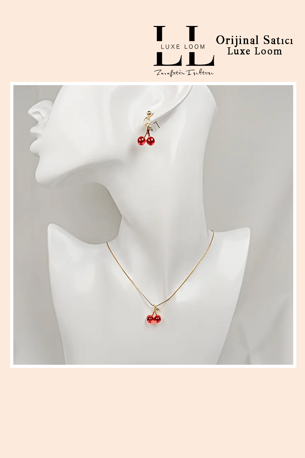 Luxe Loom Zarafetin Işıltısı Kadın Zirkon Taşlı Şık Kiraz Kolye Küpe Seti 001