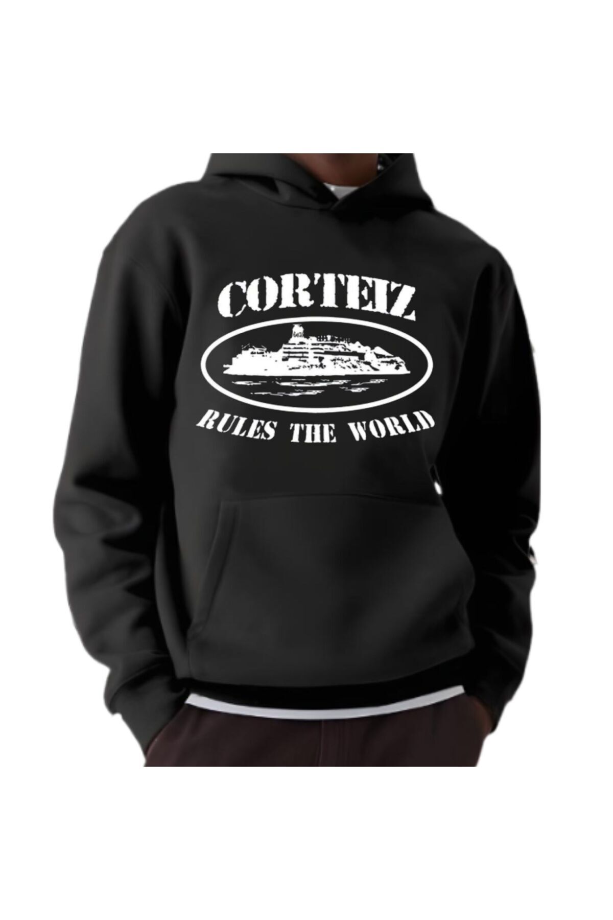Crtz Baskılı Kadın/Erkek Unisex Oversize Kapüşonlu Siyah 3iplik Sweatshirt — مشکی kapcrtbisswt2