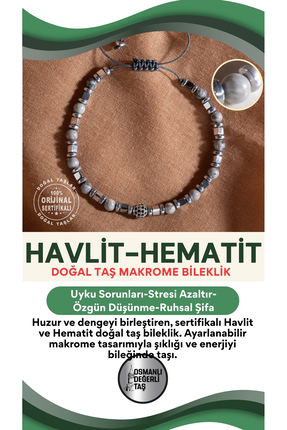 OSMANLI DEĞERLİ TAŞ SERTİFİKALI Havlit-Hematit Doğal Taş Makrome Ayarlanabili...