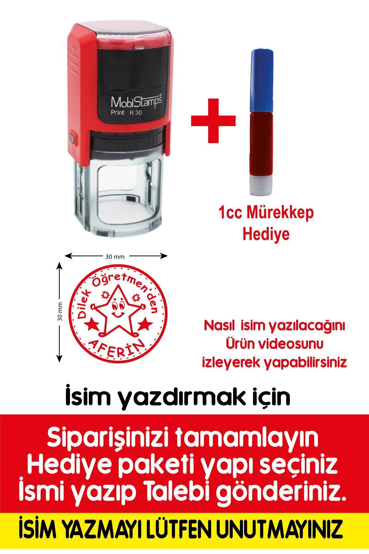 cabuk baskı Kişiye Özel Sırdaş Yuvarlak Öğretmen Kaşesi – Aferin Yazılı 1 Adet 1 cc Kaşe Mürekkebi Hediye