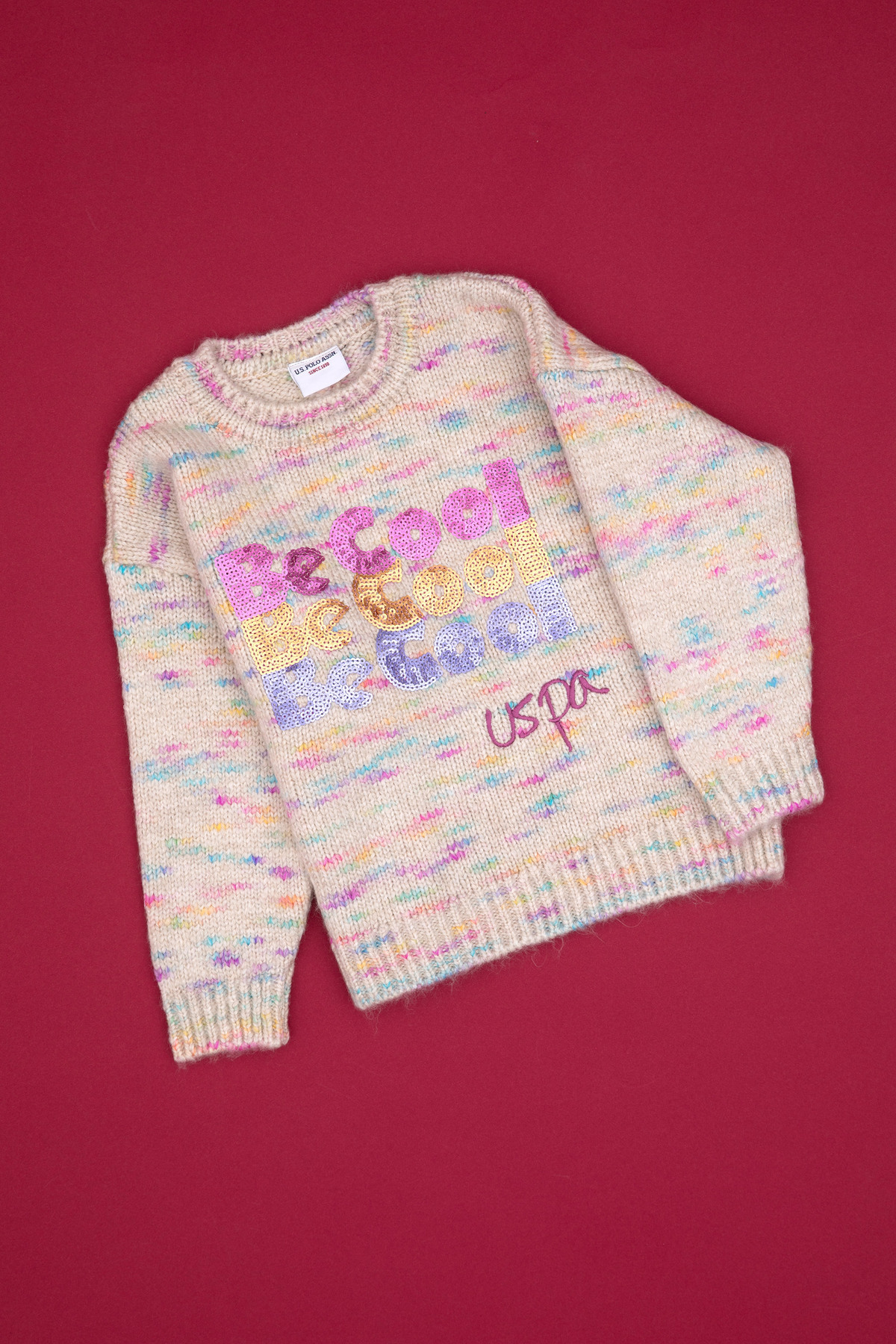 یو اس پولو پلیور دخترانه یقه گرد گلدوزی شده پولک دوزی شده صورتی نئونی 50314362-VR105 یو اس پولو پلیور دخترانه یقه گرد گلدوزی شده پولک دوزی شده صورتی نئونی 50314362-VR105