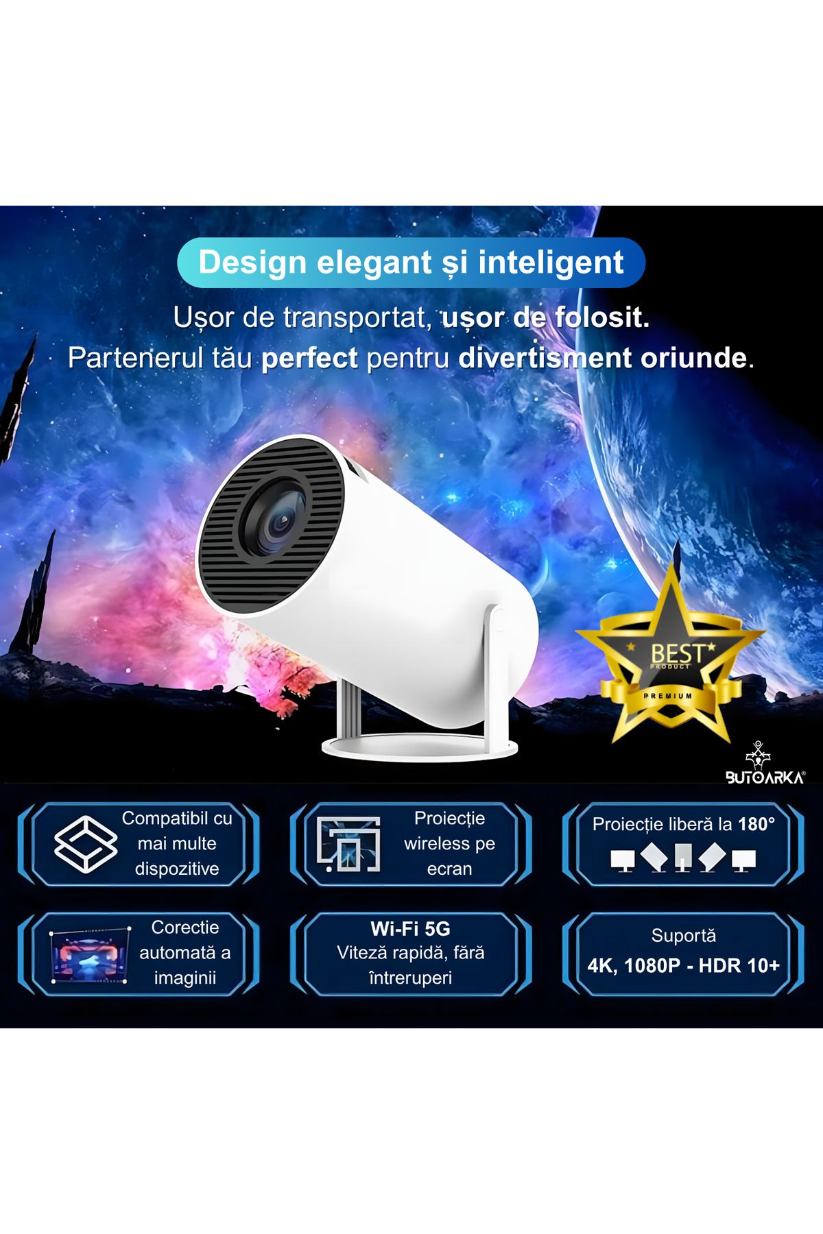 Butoarka-Smart Video Projector, UltraHD, 4K Support, Adjustable Projection, Android/IOS Mirroring, 180 Rotation 8
