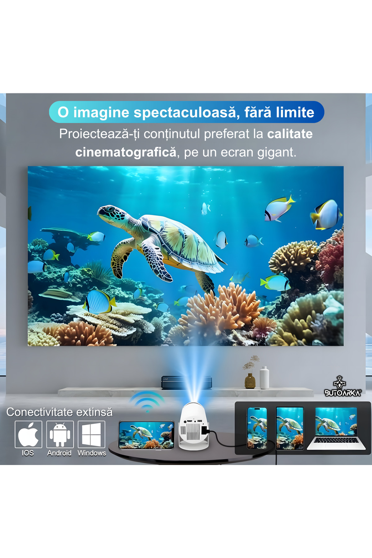 Butoarka-Smart Video Projector, UltraHD, 4K Support, Adjustable Projection, Android/IOS Mirroring, 180 Rotation 3