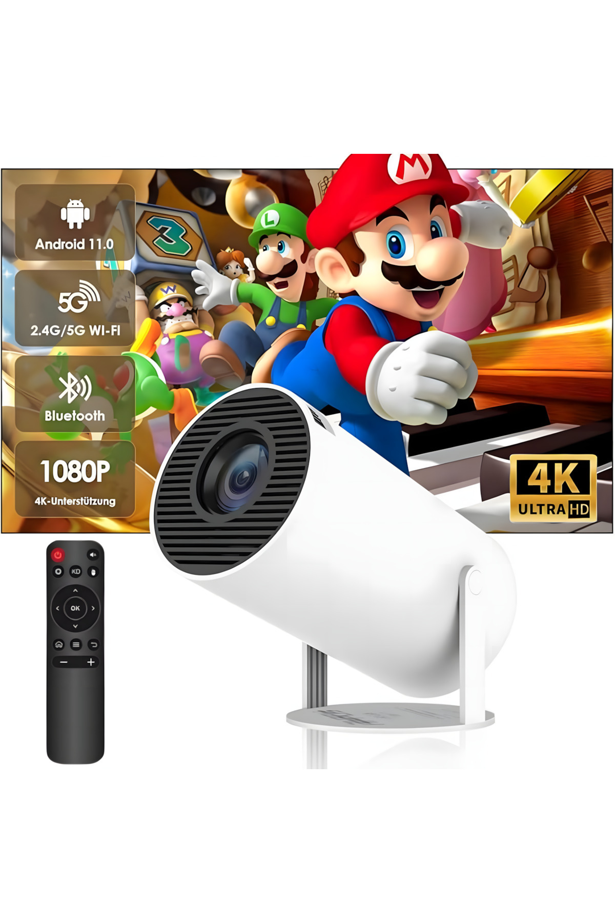 Butoarka-Smart Video Projector, UltraHD, 4K Support, Adjustable Projection, Android/IOS Mirroring, 180 Rotation 1