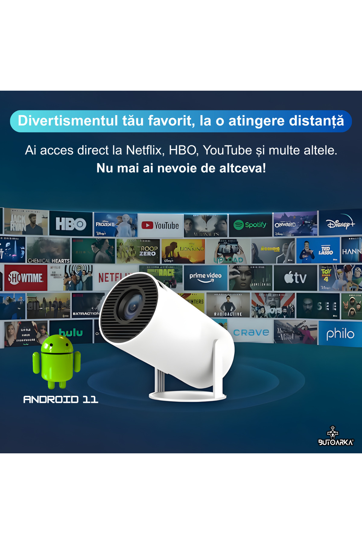 Butoarka-Smart Video Projector, UltraHD, 4K Support, Adjustable Projection, Android/IOS Mirroring, 180 Rotation 5