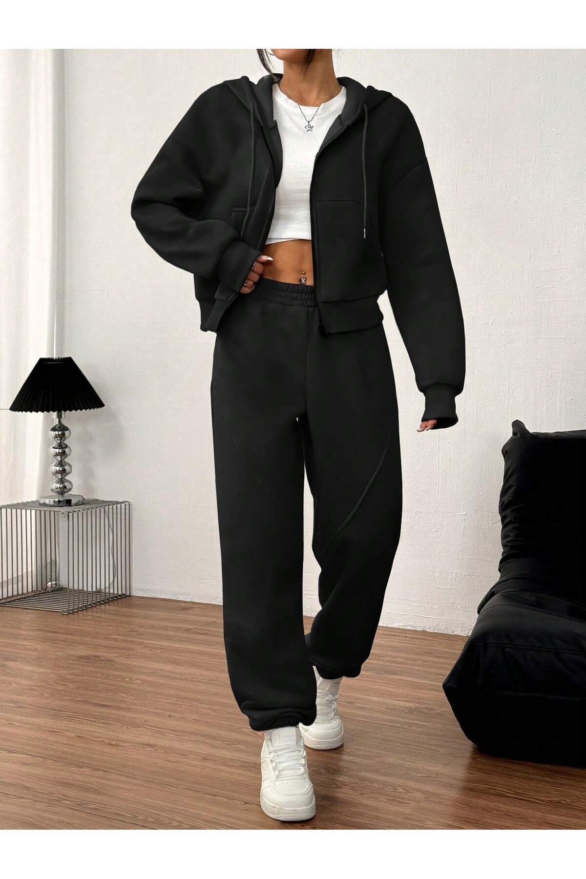 EYAX MODA KADIN Eşofman Takımı - Fermuarlı Sweatshirt & Lastik Paça Eşofman Altı görsel 2