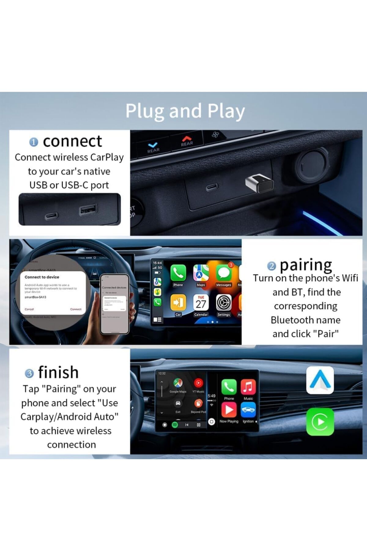 erorex-محول كار بلاي لاسلكي - متوافق مع USB وUSB-C، آيفون وأندرويد - 2-1 كار بلاي وأندرويد 2