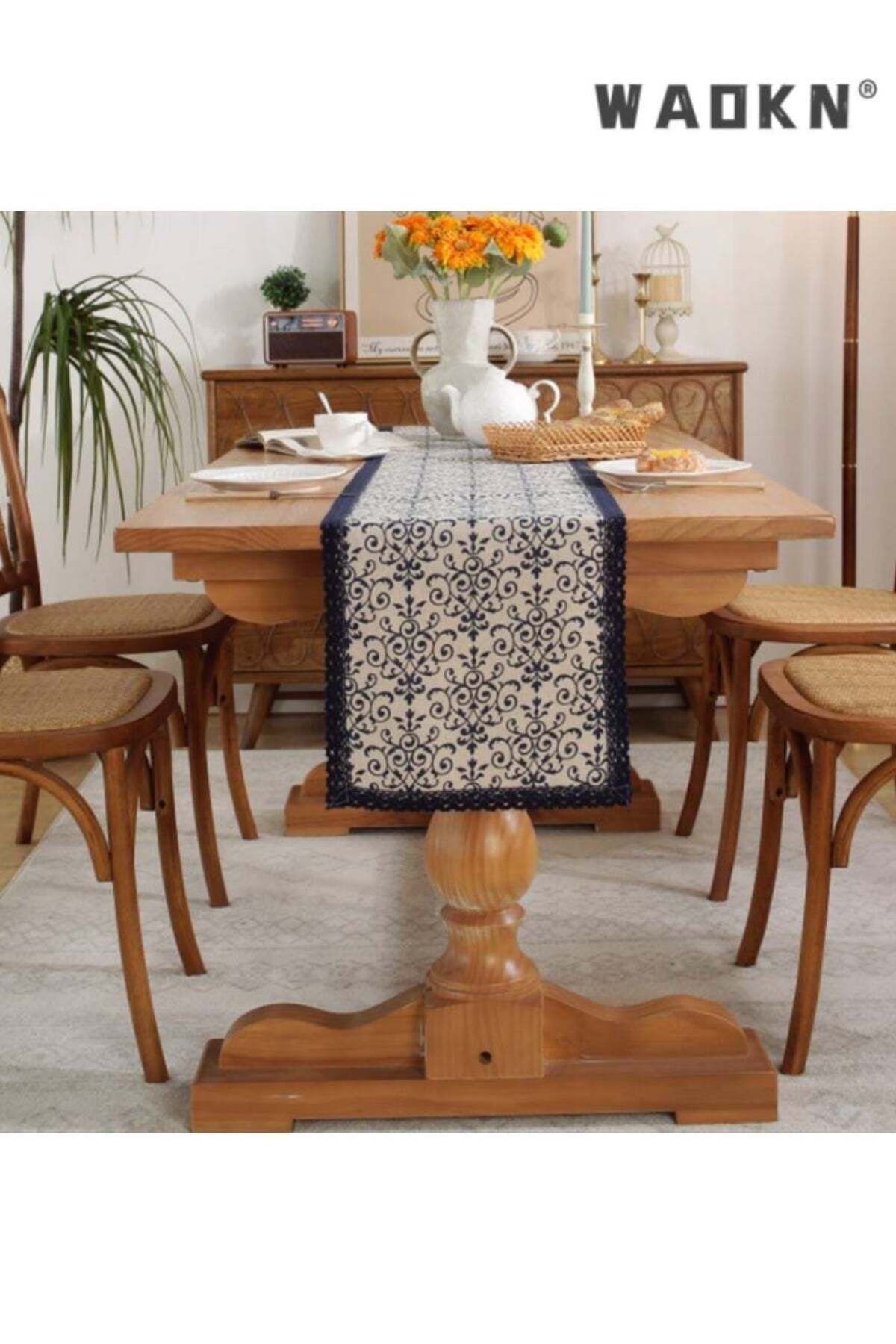 Generic-WAOKN Elegant Cotton Linen Single Layer Table Runner with Blue Pattern and Border, Long Table Scarf 1