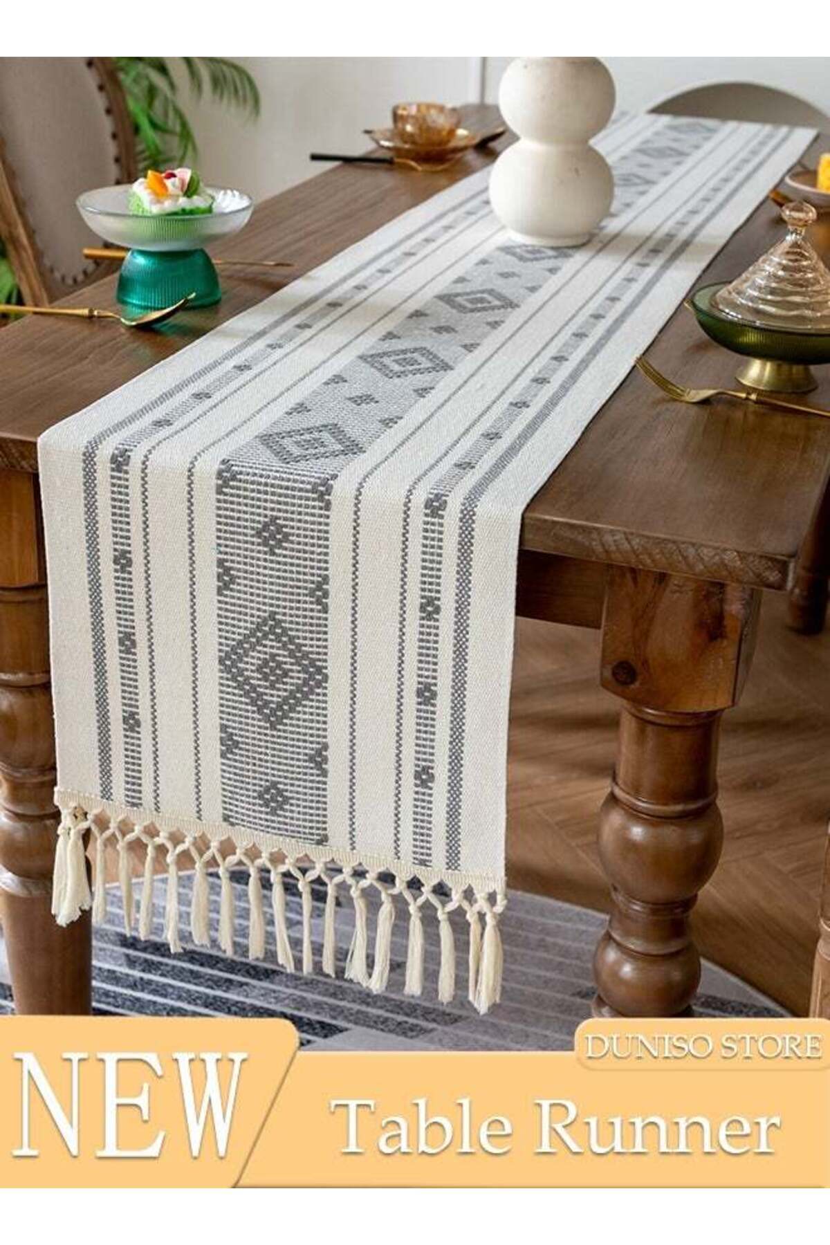 Generic-DUNISO Table Runner, Farmhouse Rustic Linen Table Runner with Handmade Tassel, 35 Ã— 183CM Table De 1