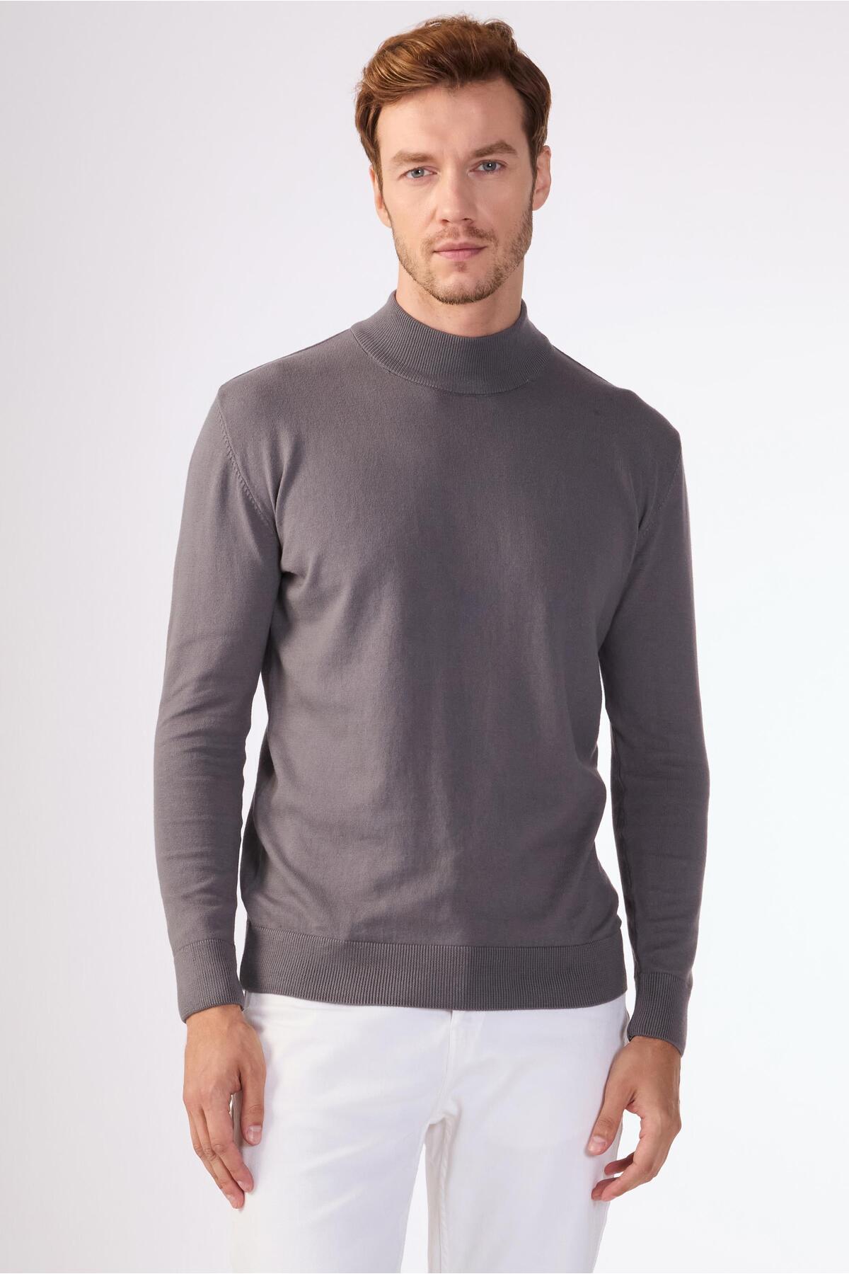 Dufy  Antrasit Yarım Balıkçı %100 Pamuk Düz Renk Slim Fit Erkek Triko - Görsel 4