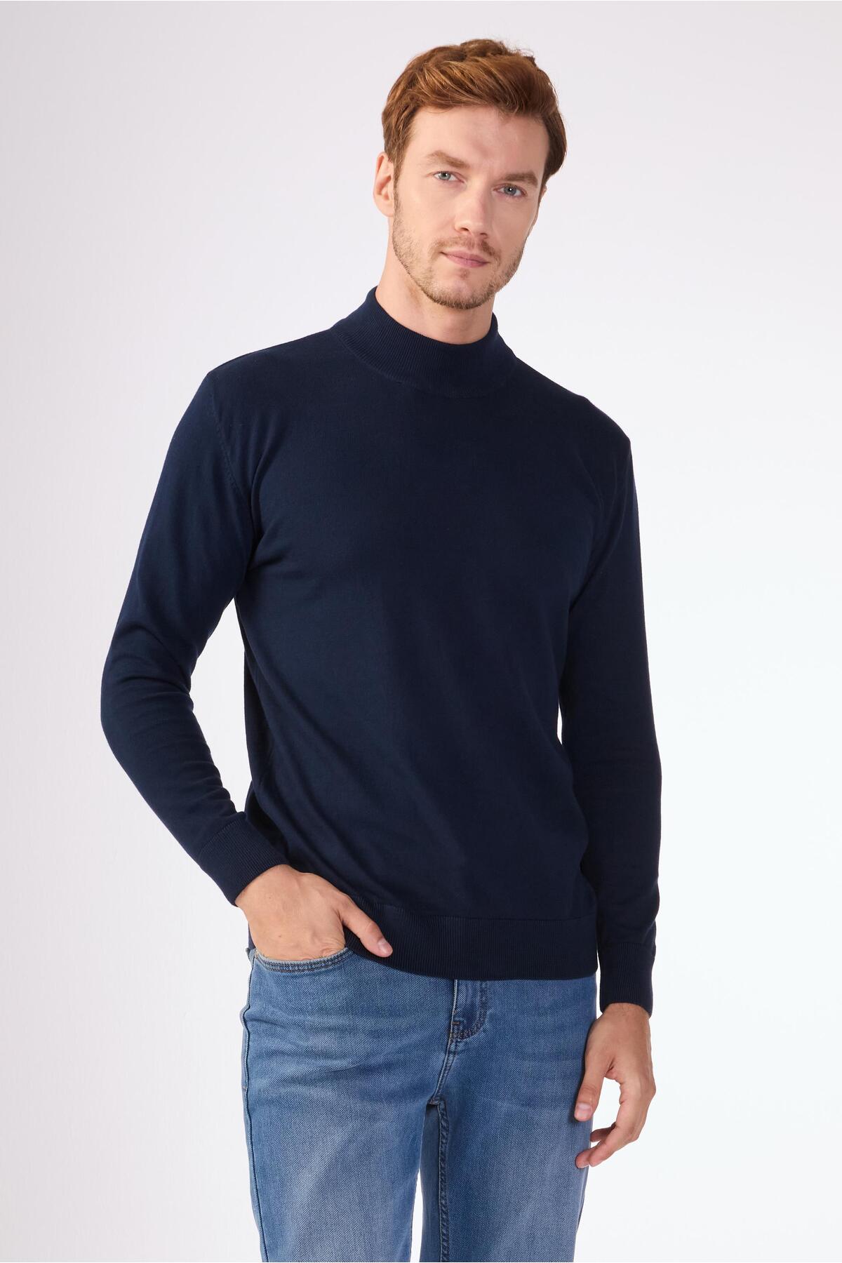 Dufy  Lacivert Yarım Balıkçı %100 Pamuk Düz Renk Slim Fit Erkek Triko - Görsel 2