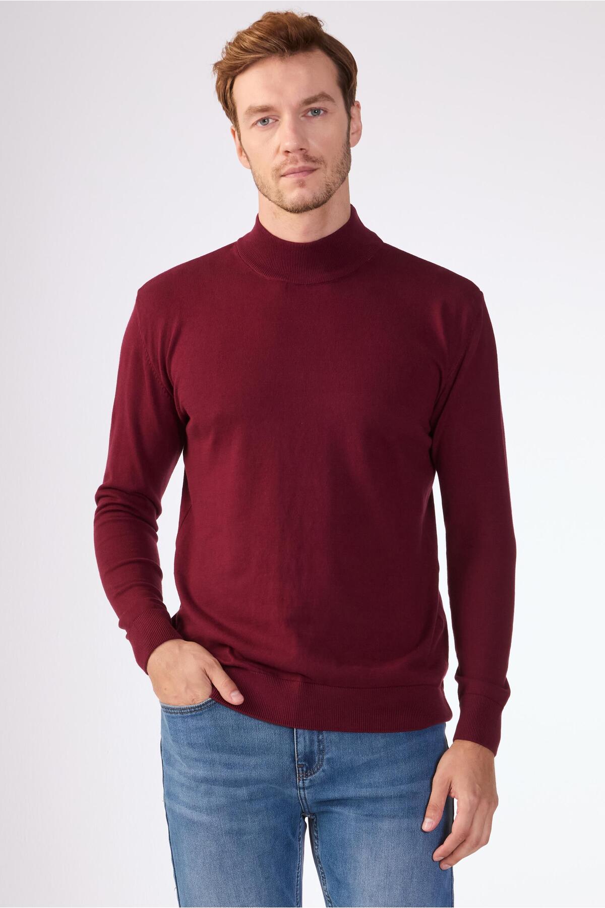 Dufy  Bordo Yarım Balıkçı %100 Pamuk Düz Renk Slim Fit Erkek Triko