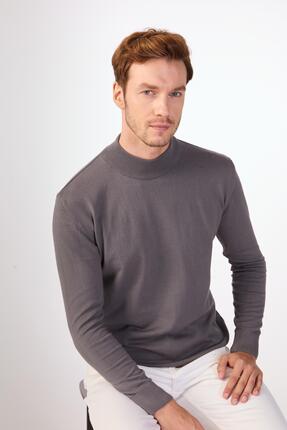Dufy Antrasit Yarım Balıkçı %100 Pamuk Düz Renk Slim Fit Erkek Triko