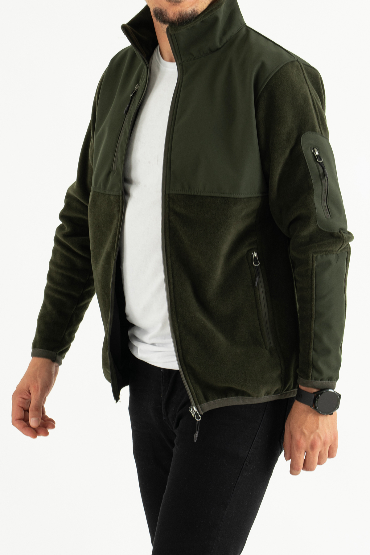 Souris Erkek Haki Dar Kalıp Anti-pilling Tüylenme Yapmayan Tam Fermuar Softshell Garnili Polar Sweatshirt görsel 6